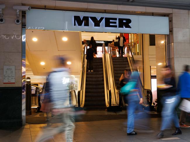 SYDNEY, AUSTRALIA - NewsWire Photos MAY 10 2024. GENERIC. Shoppers walk past the entrance to the Myer department store in Pitt St Mall. Economy, cost of living, budget, shopping, retail. Picture: NCA NewsWire / Max Mason-Hubers