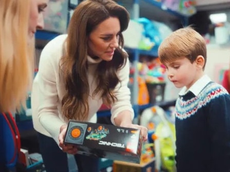 Catherine, the Princess of Wales and son prince Louise sort toys at the Baby Bank in Maidenhead, UK. Picture: Kensington Palace/YouTube