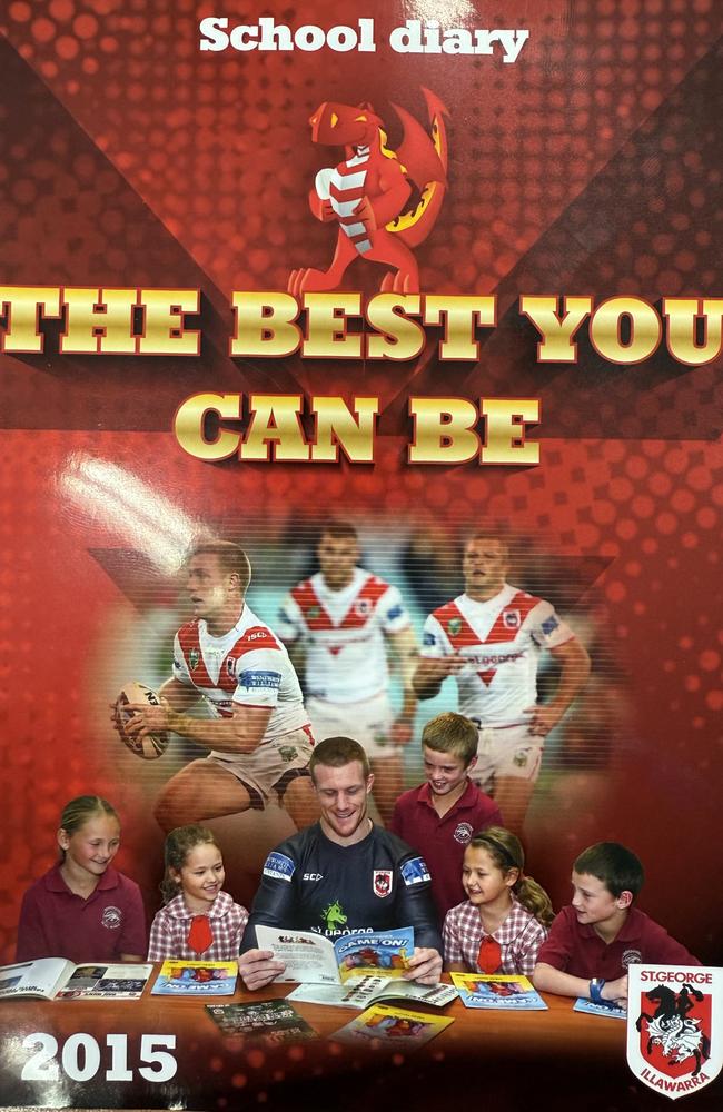 Hamish Stewart (standing in lower image) appears in the St George Illawarra Dragons' 2015 school diary with Ben Creagh. Picture: Supplied