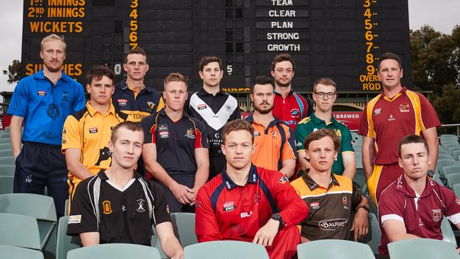 Premier cricket players prepare for the 2018-19 season. From back left, Brad Davis (Sturt), Kelvin Smith (West Torrens), Ben Wakim (Adelaide University), Josh Barrett (Southern District). Middle from left, Jake Winter (Glenelg), Ben Pengelley (Adelaide), Zac Chapman (Northern Districts), Conor McInerey (Woodville), Matt Weaver (Tea Tree Gully). Front left, Austin Umpherston (Port Adelaide) Tate Robins (East Torrens), David Grant (Kensington) and Ben Turley (Prospect). Picture: Matt Loxton