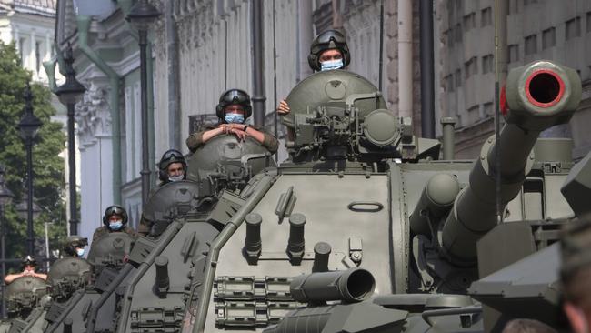 A column of Msta-S self-propelled artillery rehearse in St Petersburg for next week’s victory parades. Picture: AP