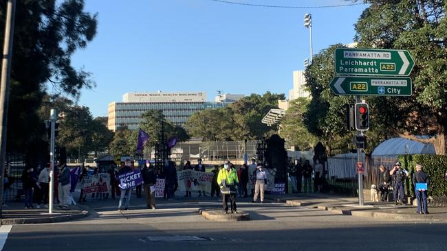 Protesters from the NSW National Tertiary Education Union block the entrance to Sydney University. Picture: William Tyson