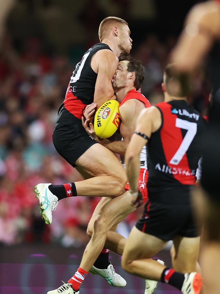 The ugly hit from Wright. (Photo by Mark Metcalfe/AFL Photos/via Getty Images )