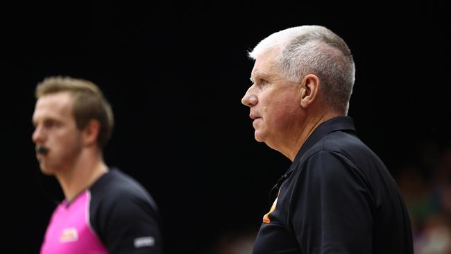 Chris Lucas, coaching the Melbourne Boomers against the UC Capitals in February this year, has been appointed Geelong United’s inaugural WNBL senior mentor. Picture: Mark Nolan/Getty Images.