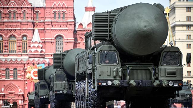 Russian Yars intercontinental ballistic missile launchers roll on Red Square during the Victory Day military parade in central Moscow on May 9, 2024. Picture: AFP