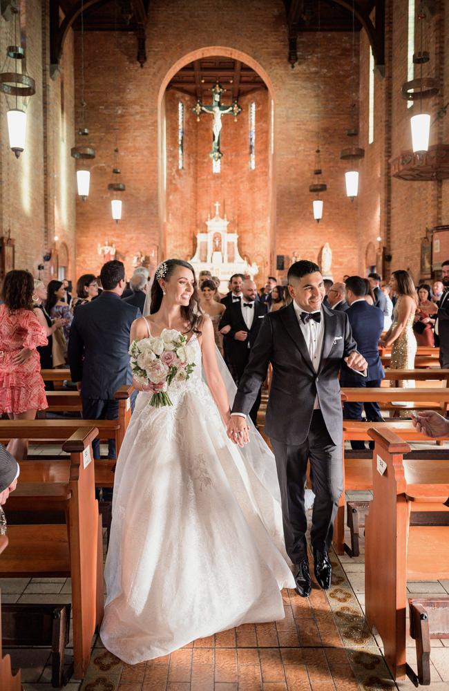 Adelaide and Roberto Hernandez married before 122 guests, at St Brigid's Church, Red Hill. Picture: Evernew Studio