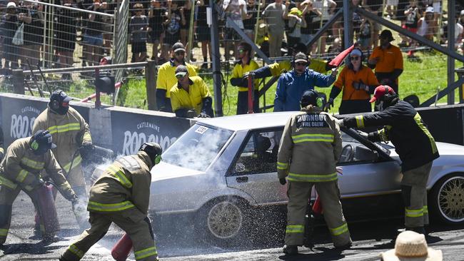 A burnout entrant catches fire during the burn out competition. Picture: NCA NewsWire / Martin Ollman