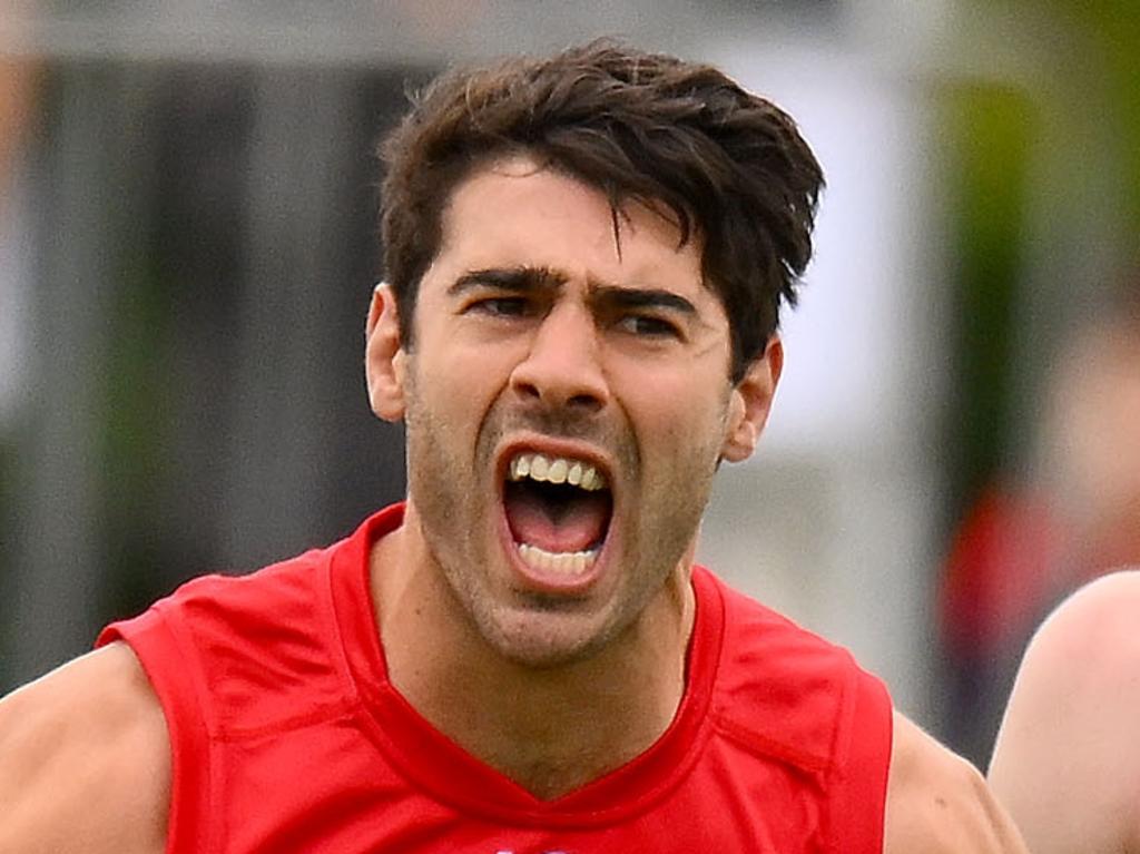 MELBOURNE, AUSTRALIA – FEBRUARY 18: Christian Petracca of the Demons celebrates a goal during an AFL practice match between Melbourne Demons and Richmond Tigers at Casey Fields on February 18, 2024 in Melbourne, Australia. (Photo by Morgan Hancock/Getty Images)