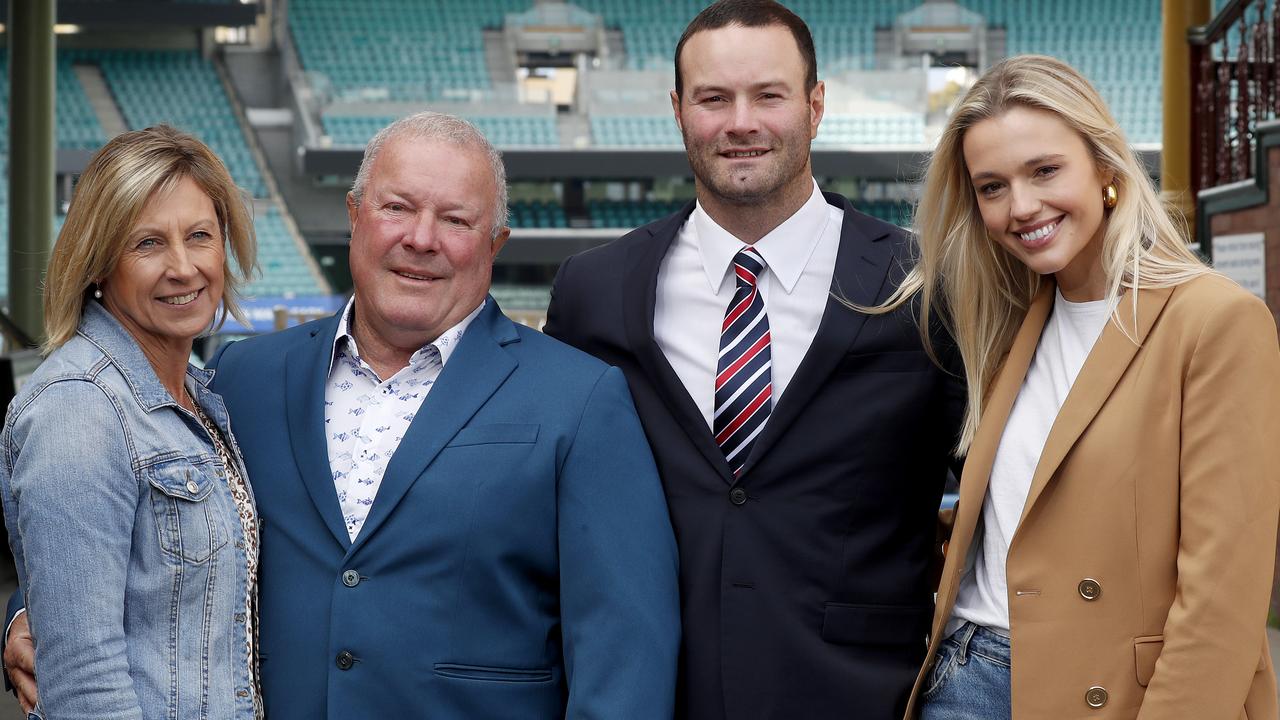 Sydney Roosters star Boyd Cordner has announced his retirement from the NRL, alongside his Dad Chris and partner Kerry Kristiansen (left), and Boyd's partner, Jemma Barge (right). Picture: Toby Zerna