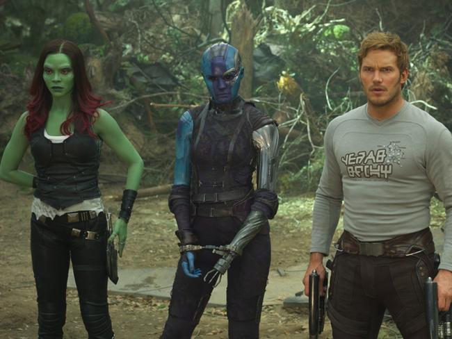 Gamora (Zoe Saldana) and Nebula (Karen Gillan) with Star-Lord (Pratt) in a scene from the new film. Picture: Marvel Studios