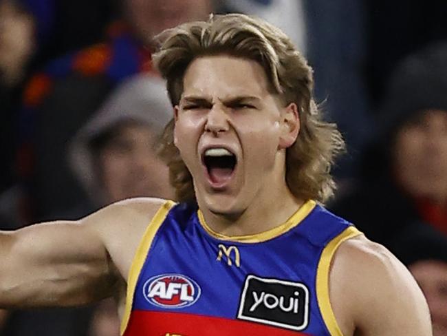 MELBOURNE, AUSTRALIA - JULY 14: Will Ashcroft of the Lions celebrates a goal during the round 18 AFL match between Melbourne Demons and Brisbane Lions at Melbourne Cricket Ground, on July 14, 2023, in Melbourne, Australia. (Photo by Darrian Traynor/Getty Images)