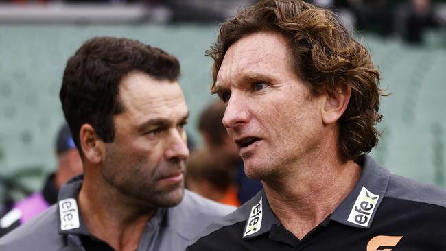 Giants assistant coaches James Hird (right) and Dean Solomon. Picture: Daniel Pockett/Getty Images