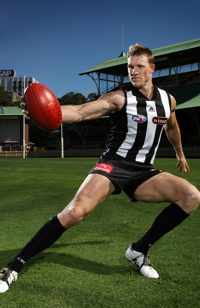 2007: After a season dogged by hamstring problems, Collingwood great Nathan Buckley poses doing a baulk as if he was part of an old footy card series to celebrate his return to the side just before finals. Picture: Michael Dodge