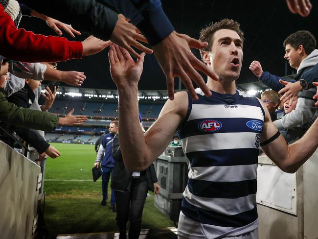 Cameron also kicked 3.3 and was one of Geelong’s best, but his ability to push up the ground and provide a linking option from defence to attack provided the Cats the most value for the night. Picture: Michael Klein