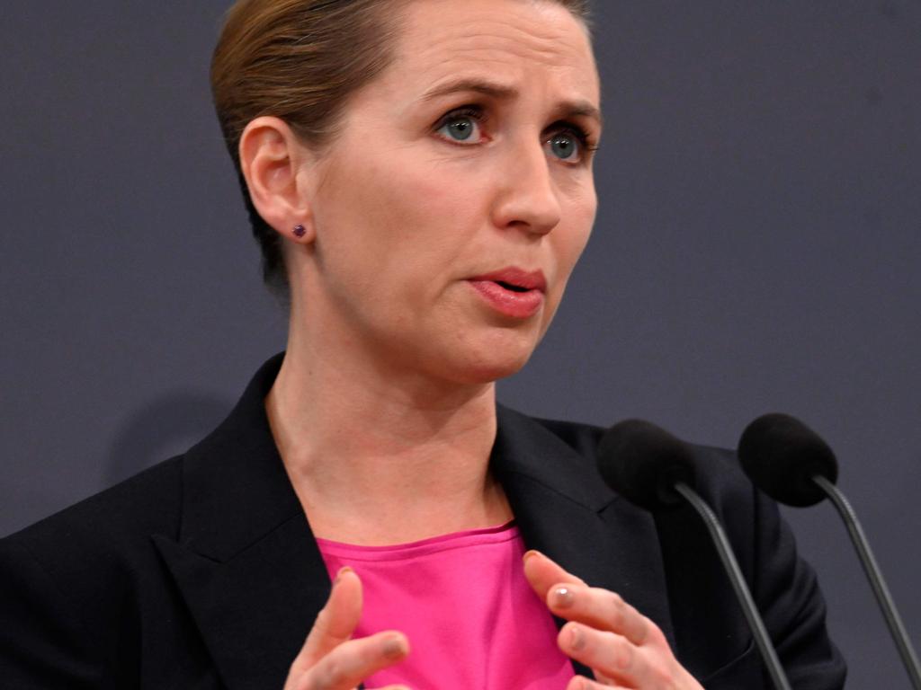 Danish Prime Minister Mette Frederiksen at a press conference earlier this week. Picture: Philip Davali / Ritzau Scanpix / AFP