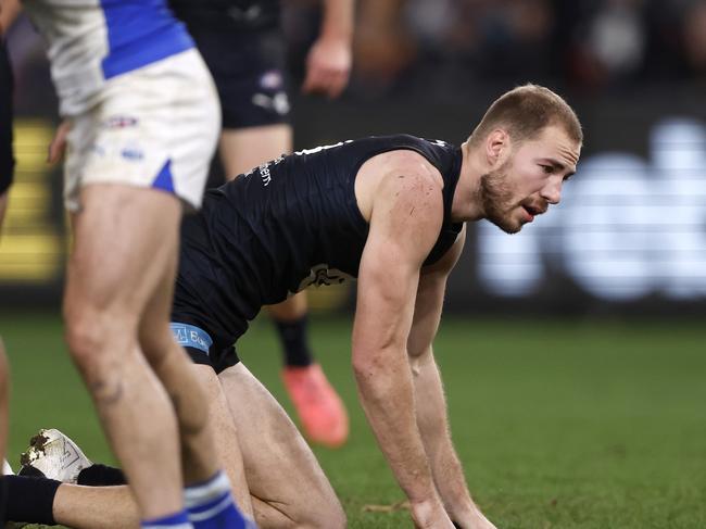 Harry McKay stayed out on the field after looking visibly distressed after a head clash. Picture: Darrian Traynor/Getty Images.