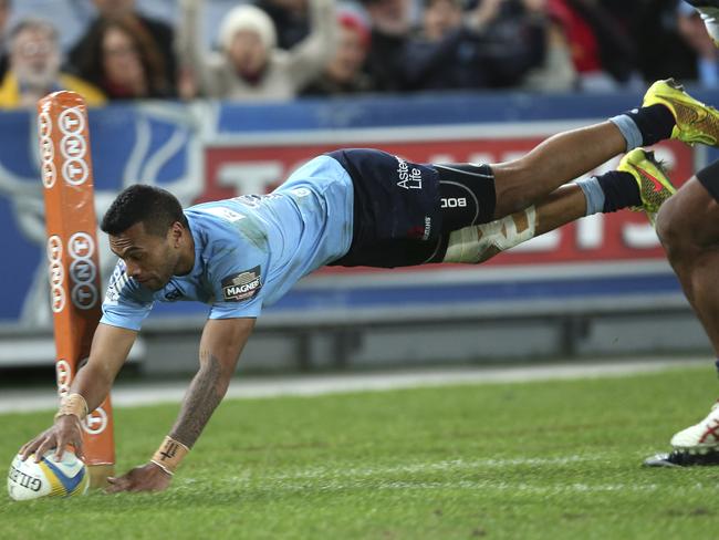 Alofa Alofa dives over to score a try in the corner for NSW against the Brumbies last Saturday.