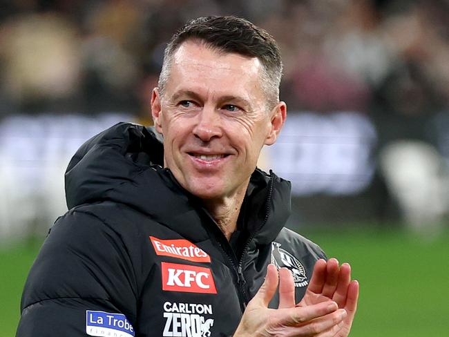 MELBOURNE, AUSTRALIA - MAY 30: Craig McRae, Senior Coach of the Magpies celebrates winning the round 12 AFL match between Collingwood Magpies and Hawthorn Hawks at Melbourne Cricket Ground, on May 30, 2025, in Melbourne, Australia. (Photo by Josh Chadwick/AFL Photos/via Getty Images)