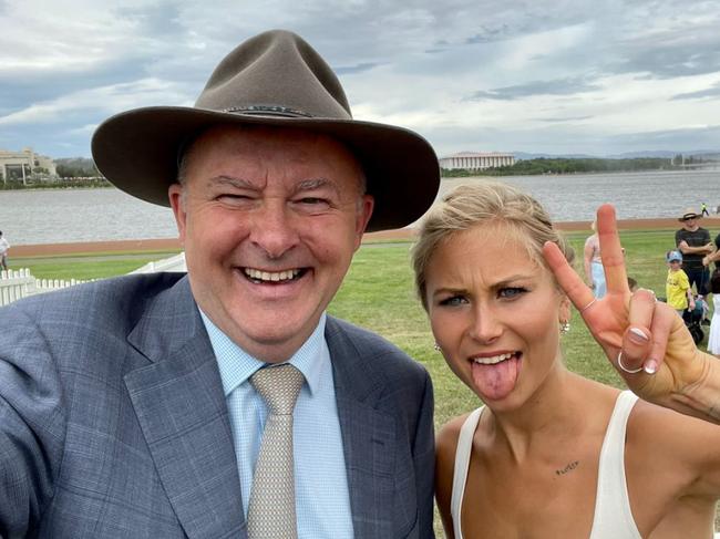 Grace Tame with Anthony Albanese before the election. Picture: Twitter/Anthony Albanese