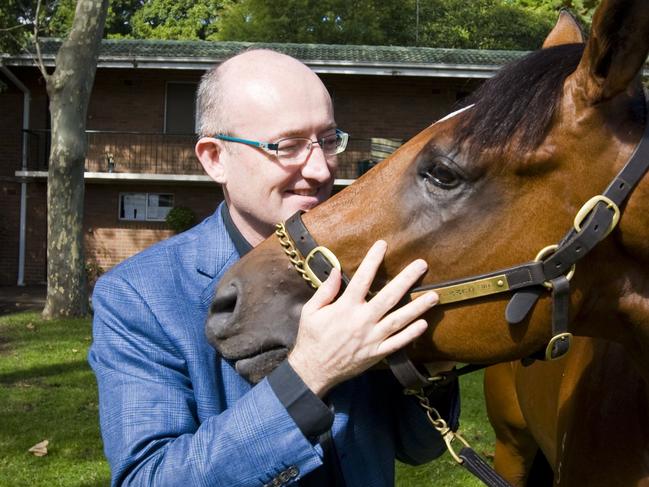 SPORT: Matthew Sandblom with racehorse 'Related' of which he is part owner, at Bart Cummings Stables in Randwick, Sydney. Related is expected to run in the $3.5m Golden Slipper Stakes.