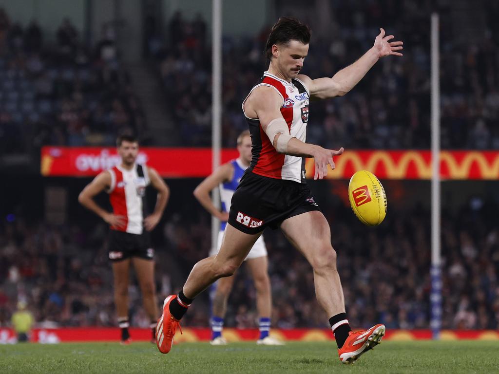 Jack Sinclair kicks for goal during the win over North Melbourne. Picture: Darrian Traynor/Getty Images