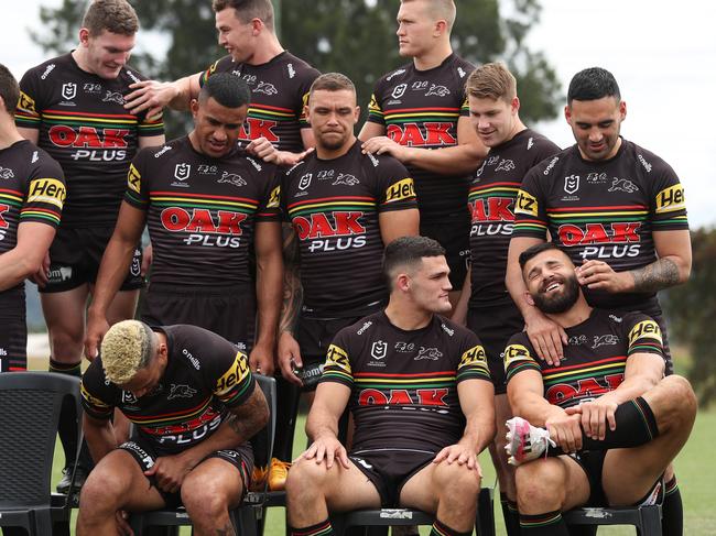 Josh Mansour and Tyrone May share a lighter moment during the Penrith Panthers 2020 NRL Grand Final team photo. Picture: Brett Costello