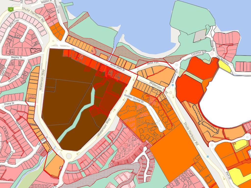 Building heights in Airlie Beach. Brown-coloured areas allow buildings up to 21 metres, red areas allow up to 18 metres. Picture: WRC