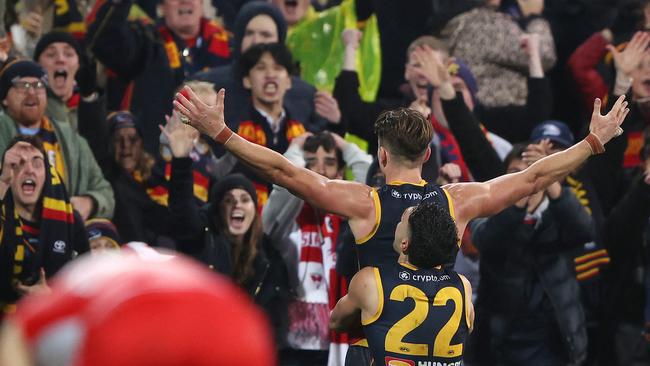 Ben Keays celebrates what he thought was the matchwinner. Picture: Sarah Reed/AFL Photos via Getty Images.