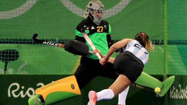 RIO DE JANEIRO, BRAZIL — AUGUST 11: Rachael Lynch #27 of Australia stops the shot of Maria Barrionuevo #27 of Argentina during a Women's Preliminary Pool B match at the Olympic Hockey Centre on August 11, 2016 in Rio de Janeiro, Brazil. (Photo by Sam Greenwood/Getty Images)