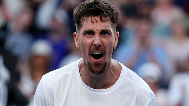 Thanasi Kokkinakis celebrates his win against Roman Safiullin on Kia Arena. Picture: Mark Stewart