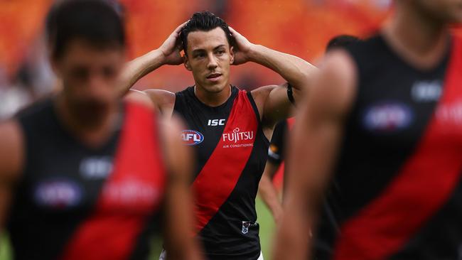 A dejected Dylan Shiel after the Bombers’ heavy loss to his former club GWS. Picture: Phil Hillyard