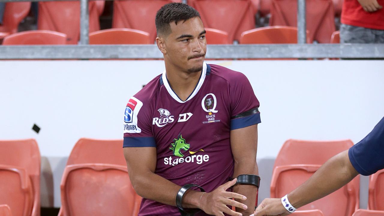 A despondent Jordan Petaia following the Reds’ loss against the Crusaders, where the boom centre was injured. 