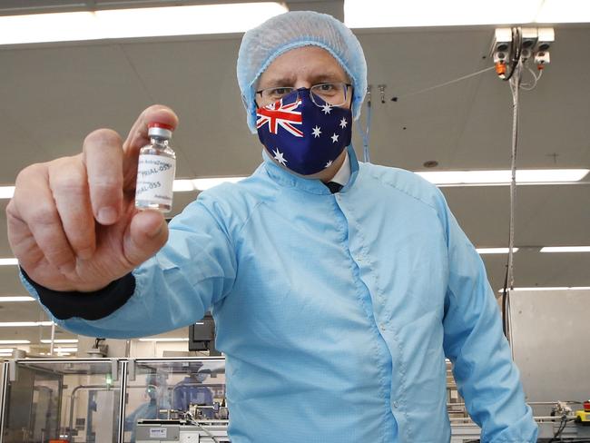 MELBOURNE, AUSTRALIA - FEBRUARY 12: Prime Minister Scott Morrison visits the CSL vaccine manufacturing facility on February 12, 2021 in Melbourne, Australia. Pharmaceutical company CSL is manufacturing Australia's Oxford-AstraZeneca COVID-19 vaccines.  (Photo by David Caird-Pool/Getty Images)