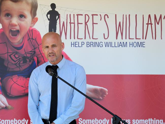 Gary Jubelin in front of a poster about William’s disappearance in 2015. Picture: Nathan Edwards