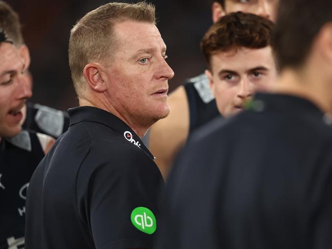 MELBOURNE, AUSTRALIA - MAY 24: Michael Voss, Senior Coach of the Blues during the 2025 AFL Round 11 match between the Carlton Blues and the GWS Giants at Marvel Stadium on May 24, 2025 in Melbourne, Australia. (Photo by James Wiltshire/AFL Photos via Getty Images)
