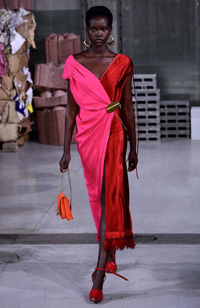 Adut Akech presents a creation by Marni in Milan. Picture: AFP