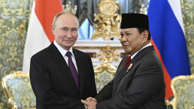 Russian President Vladimir Putin and Indonesian President Prabowo Subianto. Picture: AP