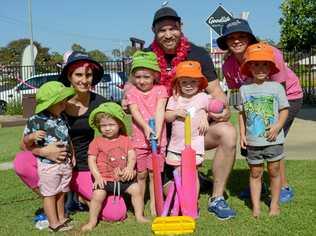 CRICKET FRIENDS: Flynn Antcliff, Rochelle Boulder, James Lill, Annaliese Griffin, Goodlife's Marlow, Peyton Harding, Shelly James and Hunter Payne at Little Zebras' McGrath Foundation charity event. Picture: Jann Houley