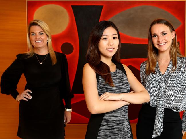 10/12/2018: (L-R) Karen Jorritsma, Director in Equity Sales at Citi Australia with Citi summer interns Alice Crammond and Boyang Jiang. Hollie Adams/The Australian