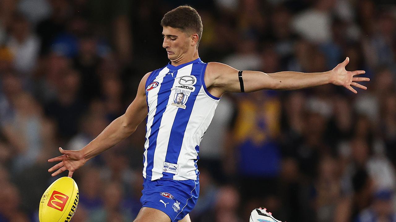 A flag in support of North Melbourne’s Harry Sheezel has caused uproar. Picture: Michael Klein