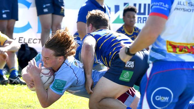 Norths player Tyler Fleming goes for the line. Colts 1 rugby match between Norths and Easts. Saturday May 29, 2021. Picture, John Gass