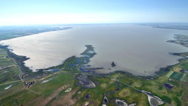 Flight over the lower lakes at Goolwa looking at water supplies following rains and flooding. Lake Alexandrina full with water.