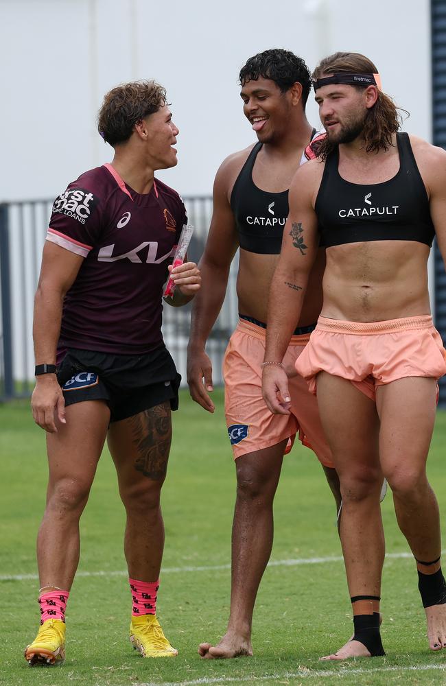 Reece Walsh, Selwyn Cobbo and Patrick Carrigan, Brisbane Broncos training, Red Hill. Picture: Liam Kidston