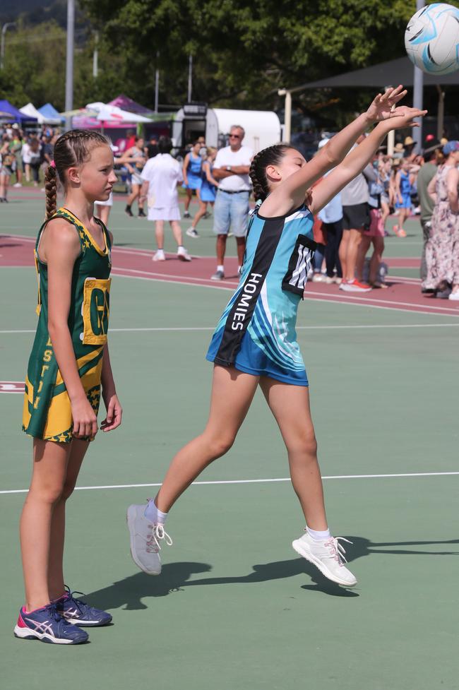 The Netball Qld Primary Schools Cup grand finals are being held at the Hinterland District Netball Association at Mudgeeraba. Homies (home schooled kids) wing attack Tasmin McGree in action against Gilston. Picture: Mike Batterham.