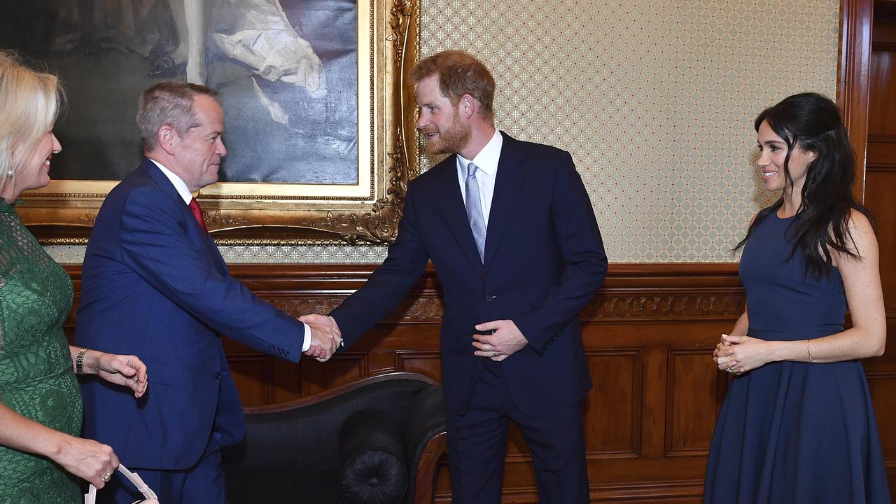 Opposition leader Bill Shorten and his wife Chloe Shorten put aside their republican preferences to meet the Duke and Duchess. Picture: Saeed Khan