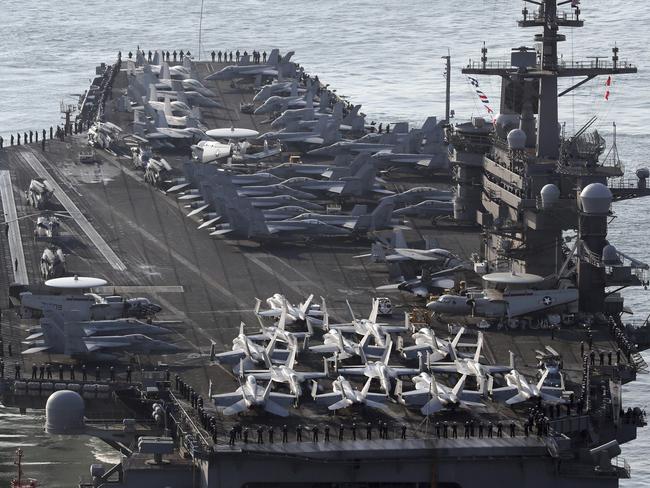 The USS Carl Vinson that is moving into waters off the Korean peninsula. Picture: AP