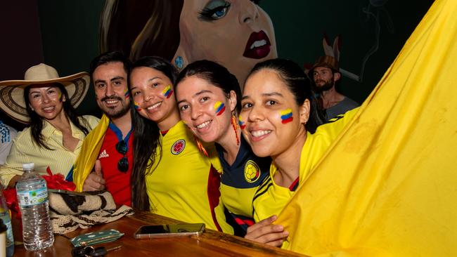 Ingrid Bonilla, Gina Cardenas, Kelly Argel, Juan Swears and Melody Pineros as Boisterous Colombian supporters watching their national side take on Argentina in the 2024 Copa America Final at the Lost Arc, Darwin. Picture: Pema Tamang Pakhrin.