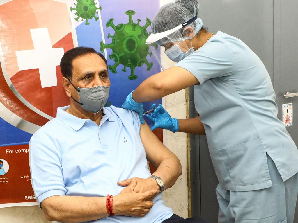 Gujarat state chief minister Vijay Rupani getting a dose of the Covishield vaccine. Picture: Gujarat Information Department/AFP