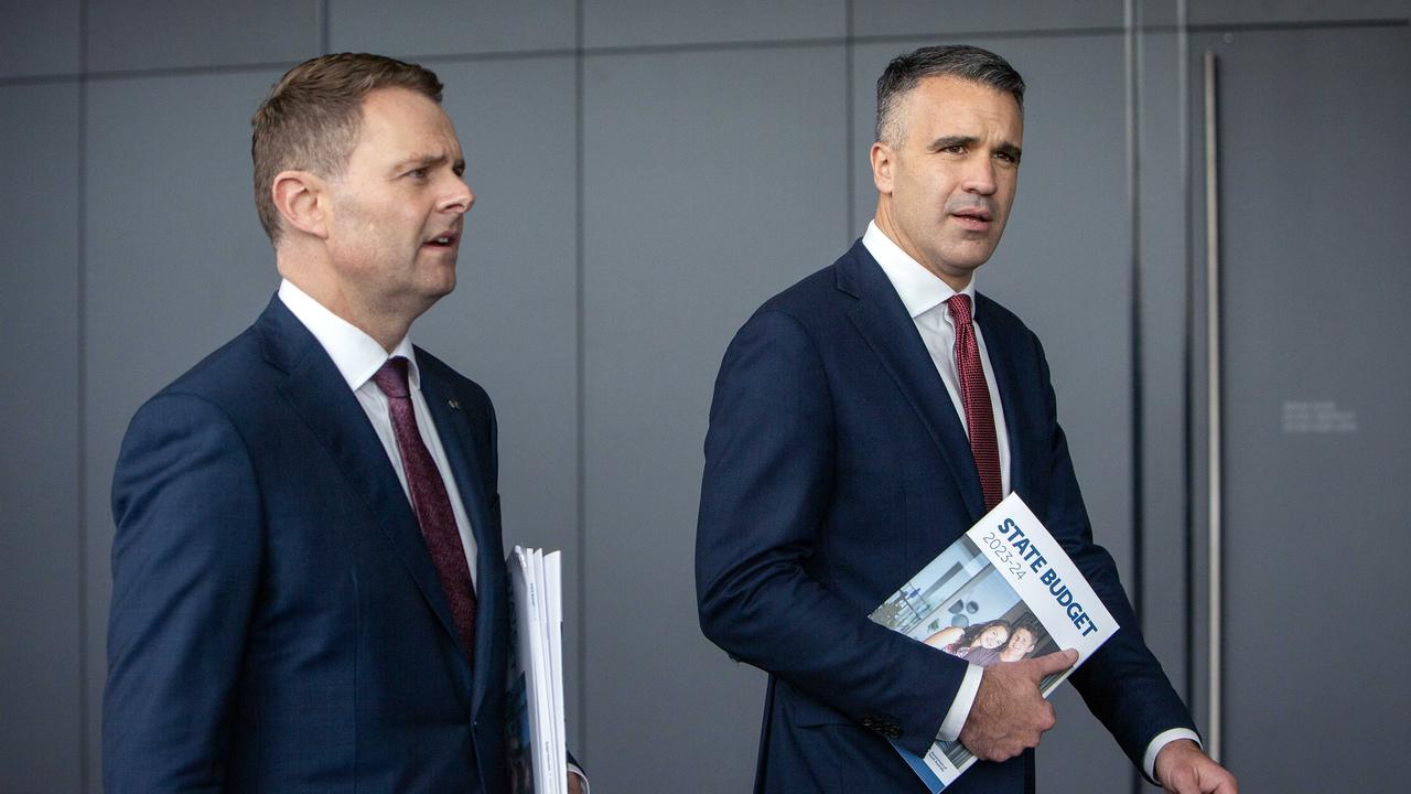 Premier Peter Malinauskas and Treasurer Stephen Mullighan with the 2023 state budget papers. Picture: NCA NewsWire / Emma Brasier.