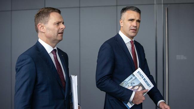 Premier Peter Malinauskas and Treasurer Stephen Mullighan with the 2023 state budget papers. Picture: NCA NewsWire / Emma Brasier.